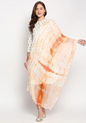 Peach Coloured And White Printed Tie And Dye Dupatta