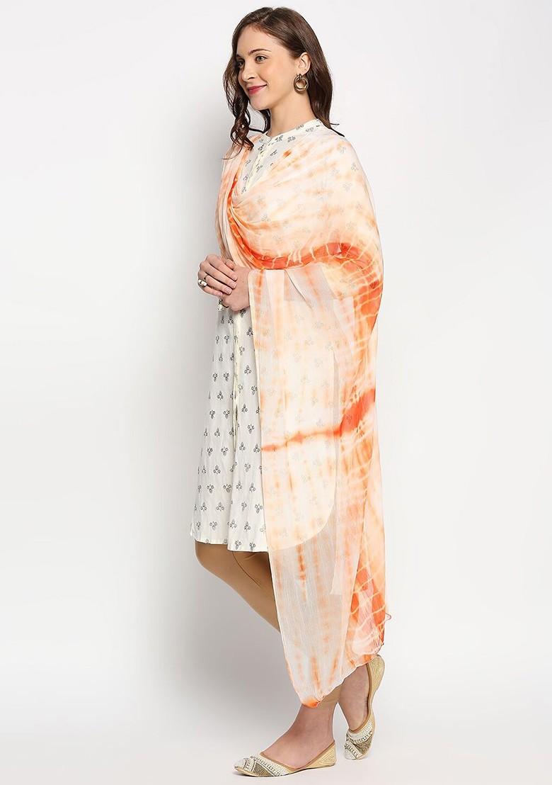Peach Coloured And White Printed Tie And Dye Dupatta