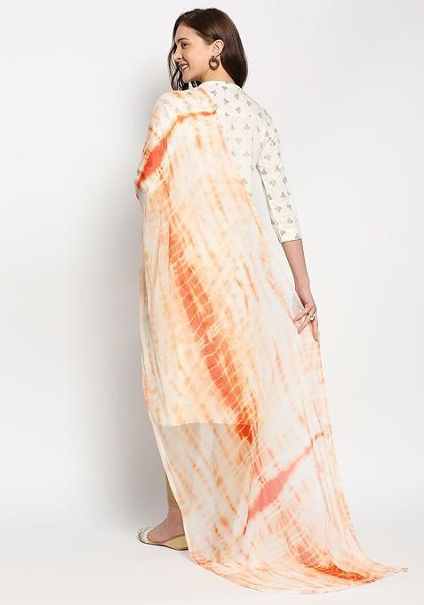 Peach Coloured And White Printed Tie And Dye Dupatta