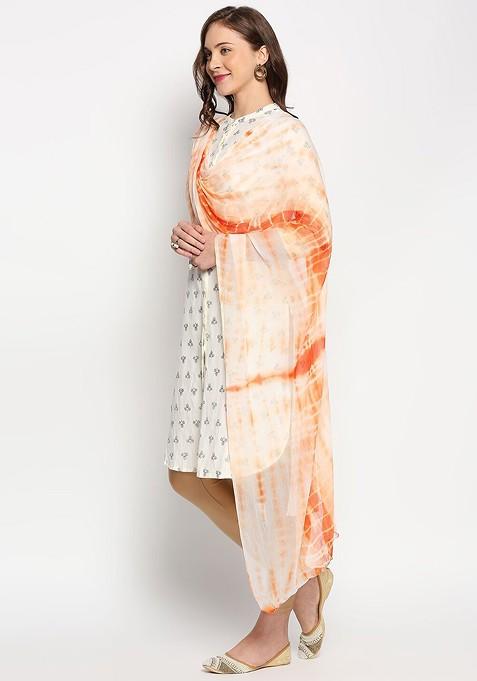 Peach Coloured And White Printed Tie And Dye Dupatta