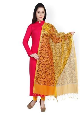 Mustard Yellow And Black Floral Block Print Chanderi Cotton Silk Dupatta