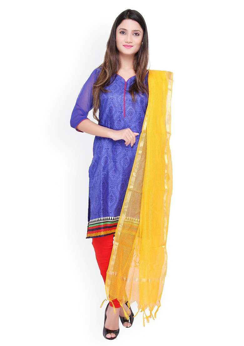 Yellow Self Checked Silk Dupatta - Indya