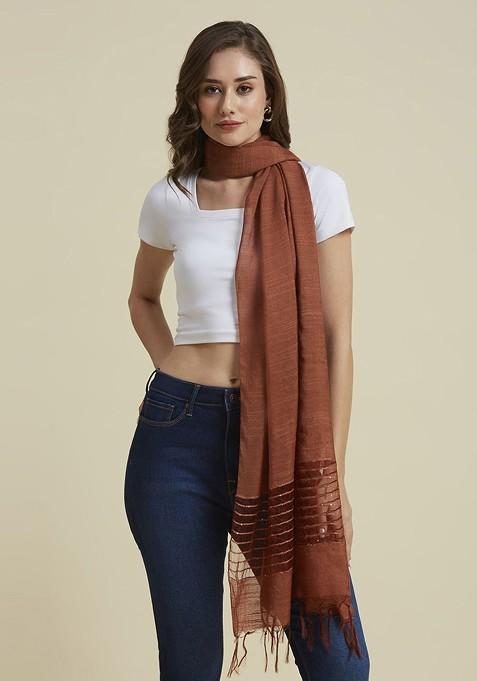 Women Woven Design Stole With Sequins Border