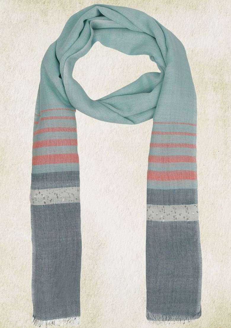 Women Striped Stole With Frayed Border - Indya