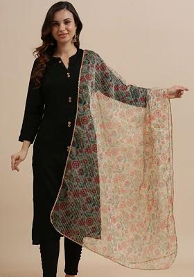 Floral Printed Organza Dupatta With Thread Work