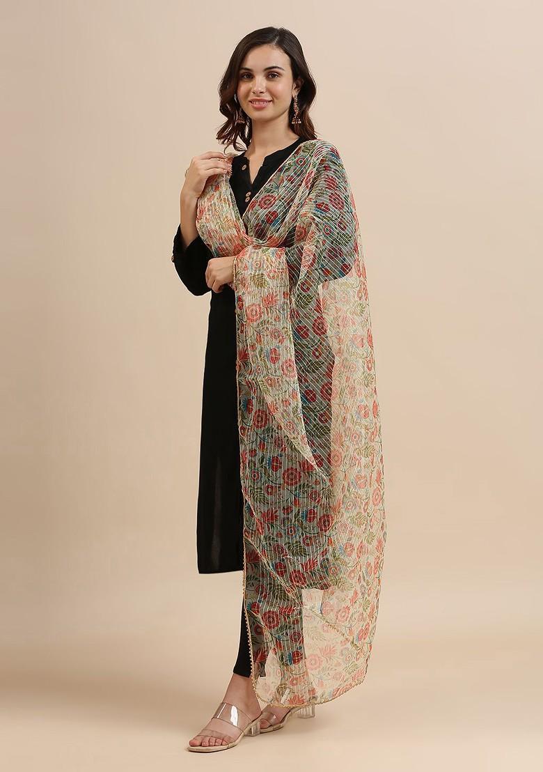 Floral Printed Organza Dupatta With Thread Work