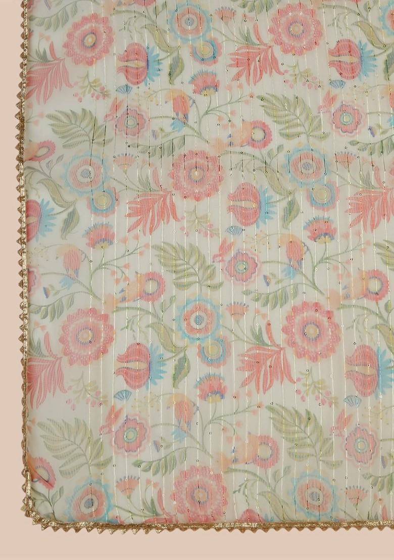 Floral Printed Organza Dupatta With Thread Work