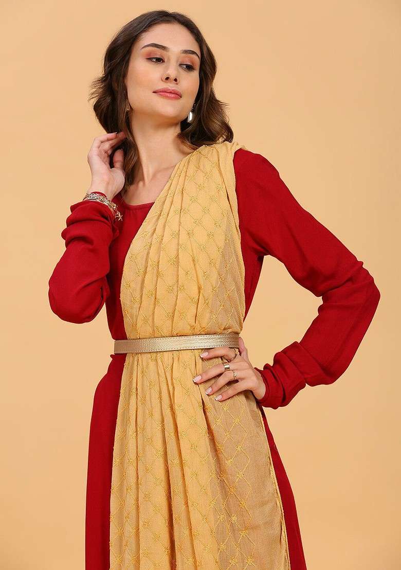 Embroidered Chiffon Dupatta - Indya