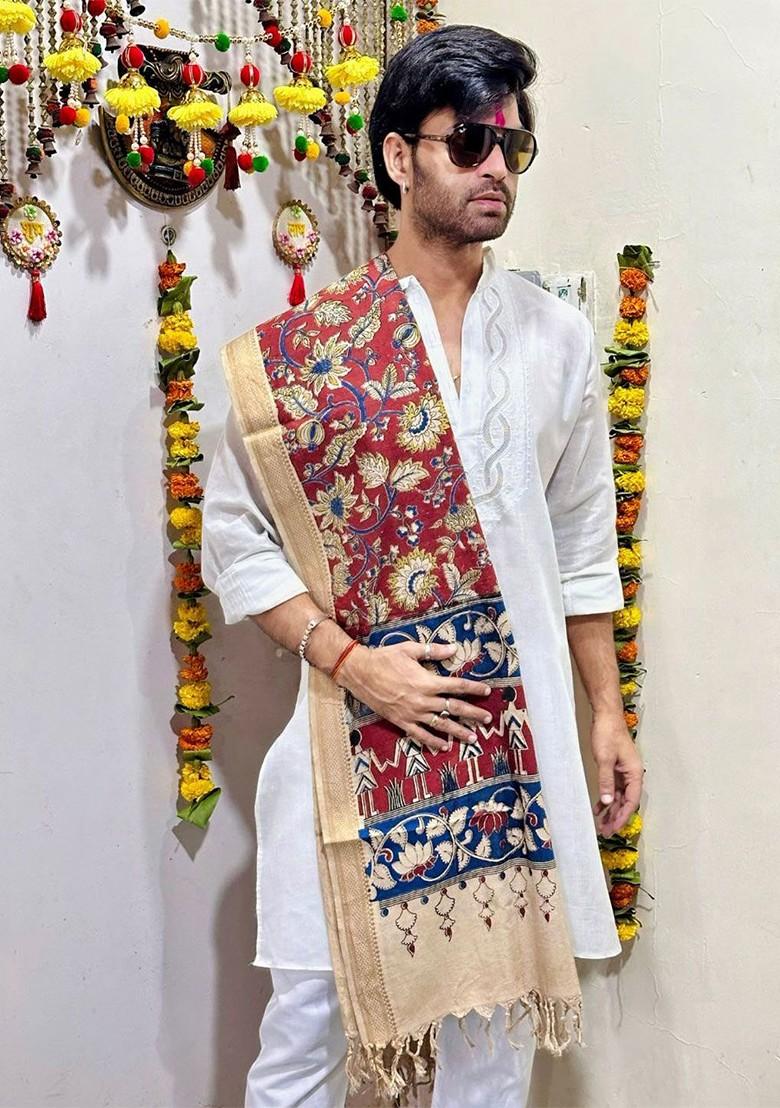 Men Maroon And Beige Colourblocked Pure Cotton Block Print Dupatta
