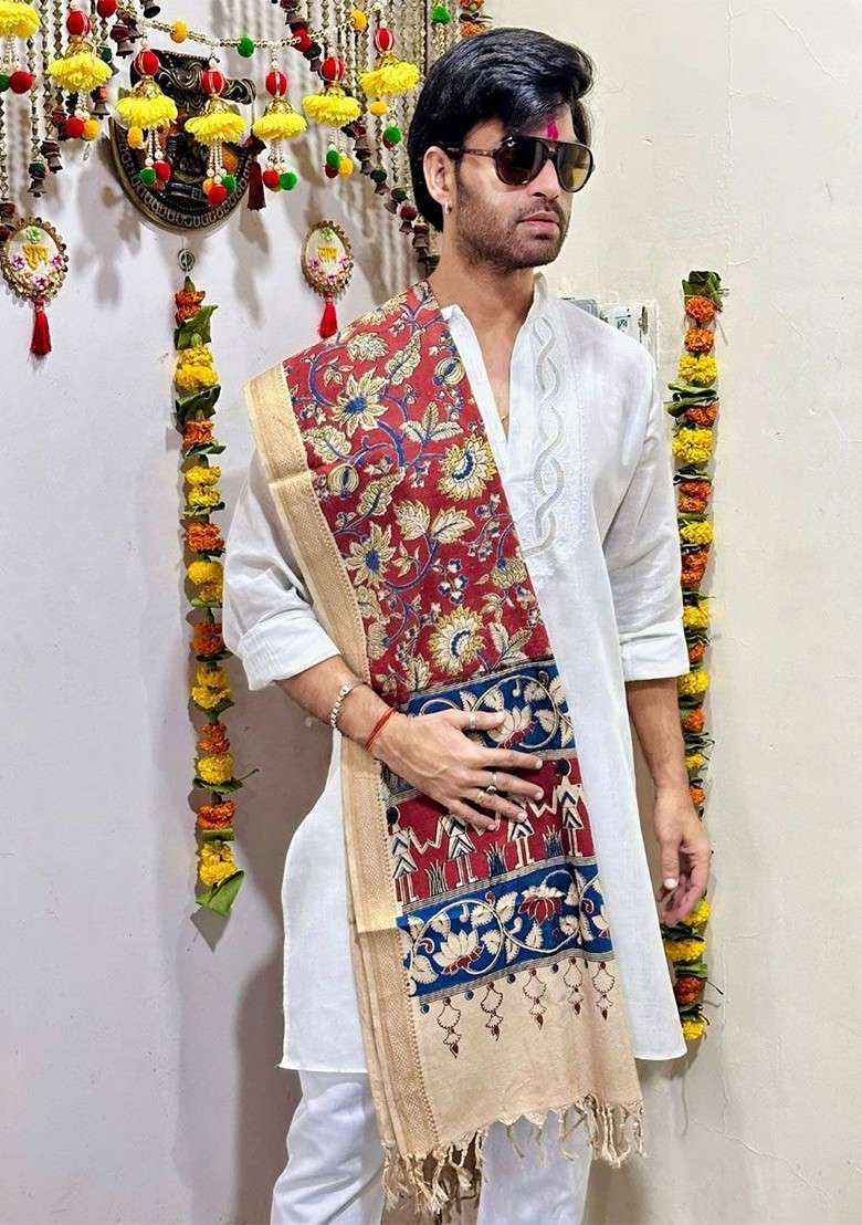Men Maroon And Beige Colourblocked Pure Cotton Block Print Dupatta - Indya