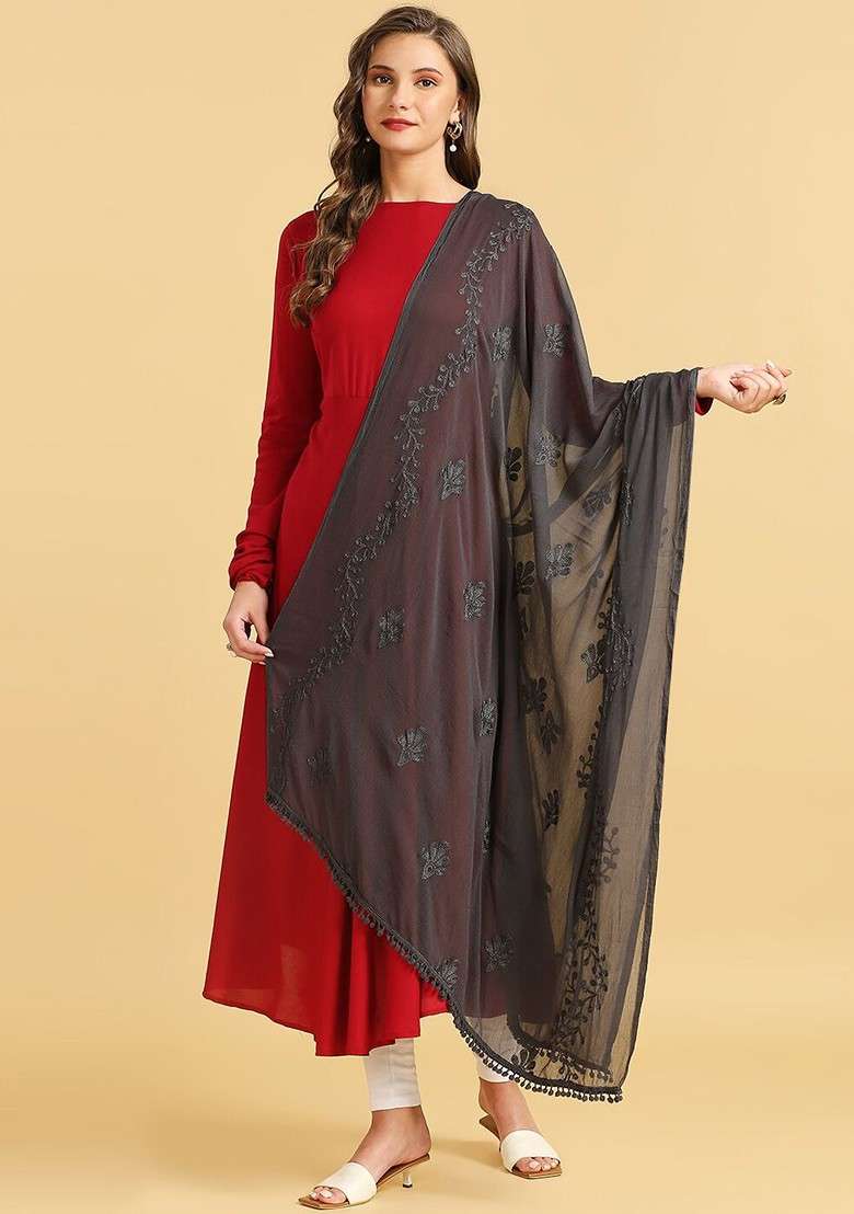 Ethnic Motifs Embroidered Chiffon Dupatta - Indya