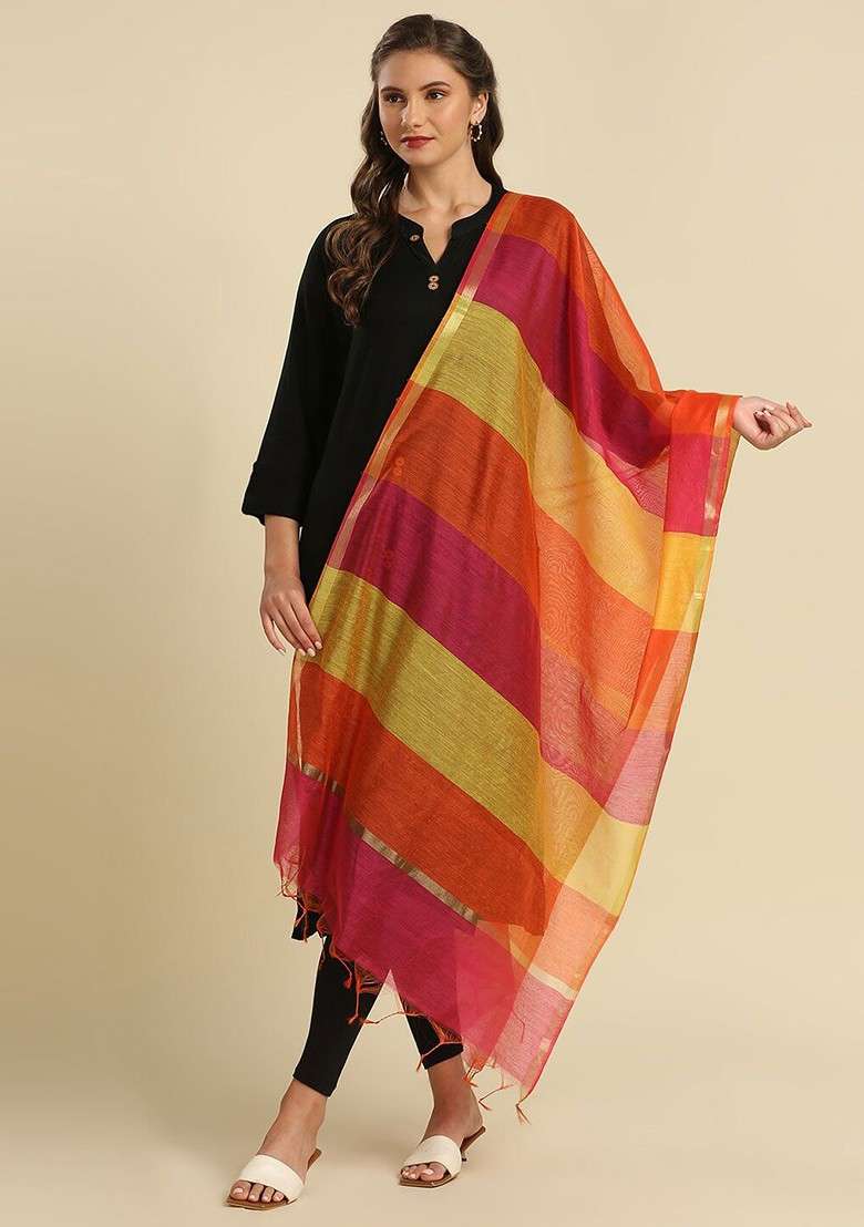 Striped Zari Cotton Silk Dupatta - Indya