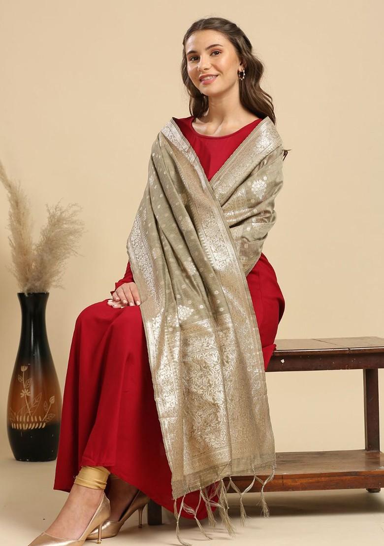 Ethnic Motifs Woven Design Chanderi Dupatta With Zari