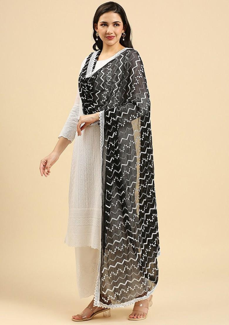 Geometric Embroidered Thread Work Chiffon Dupatta
