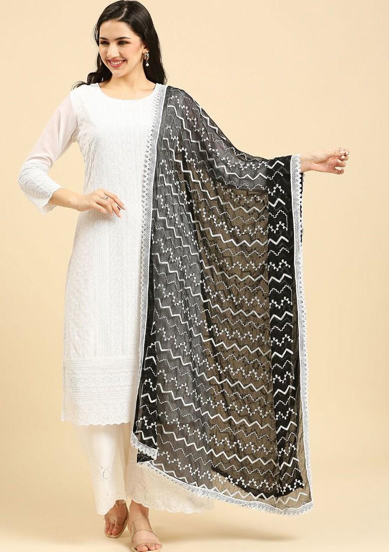 Geometric Embroidered Thread Work Chiffon Dupatta