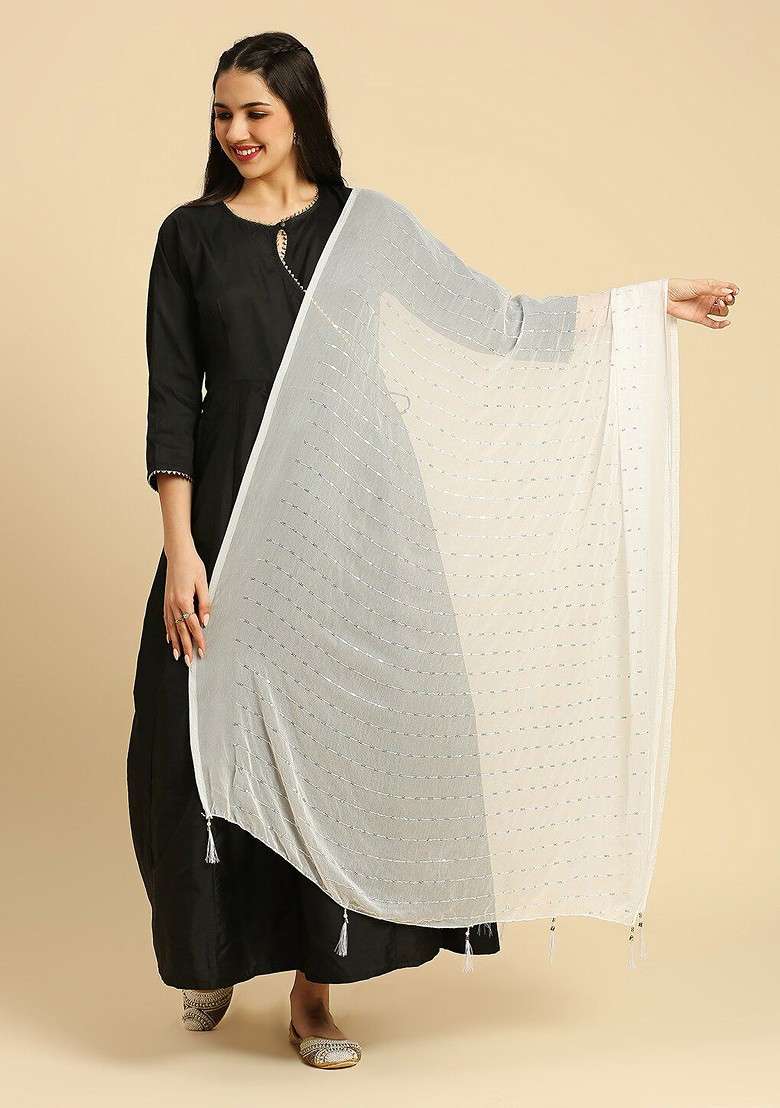 Striped Sequinned Detailed Chiffon Dupatta - Indya