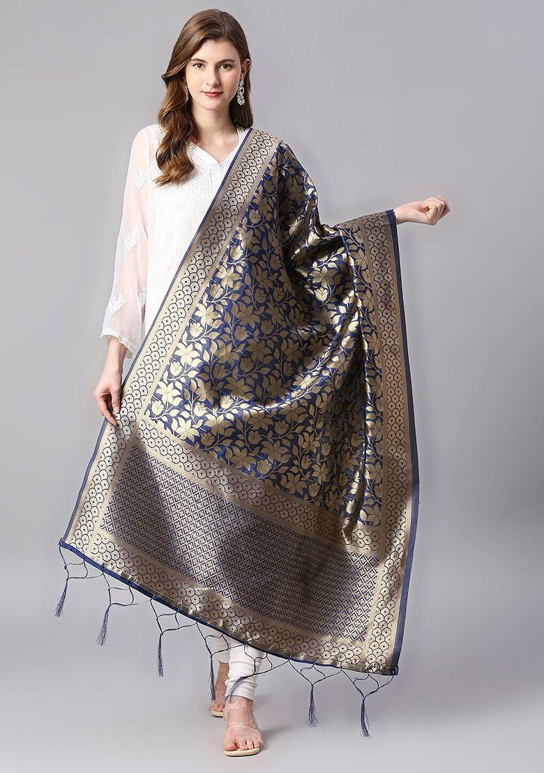 Floral Woven Design Silk Dupatta With Zari