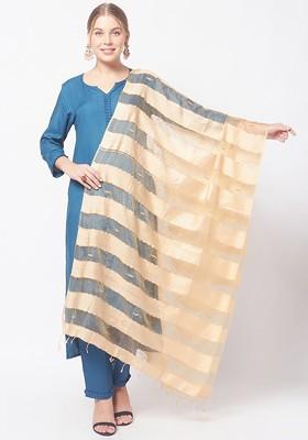 Beige And Gold Toned Striped Dupatta