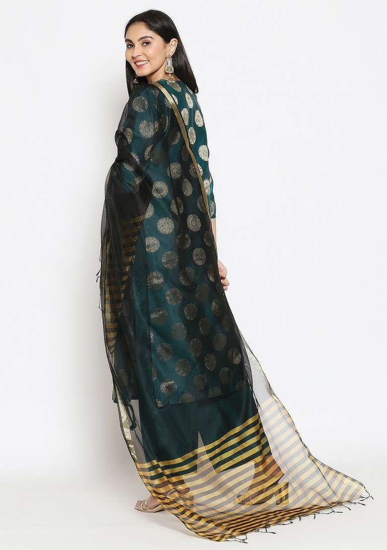 Black And Gold Toned Printed Dupatta - Indya
