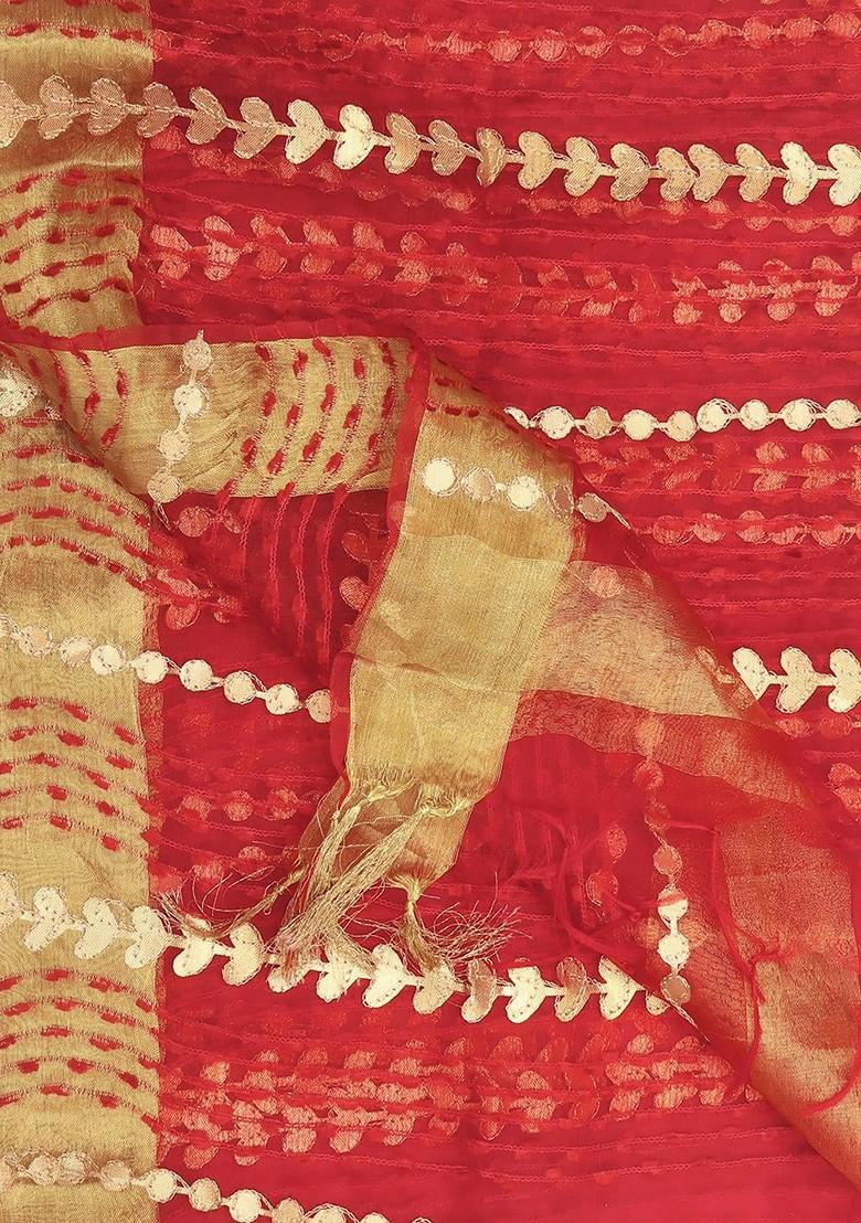 Red And Gold Toned Embroidered Organza Dupatta With Thread Work