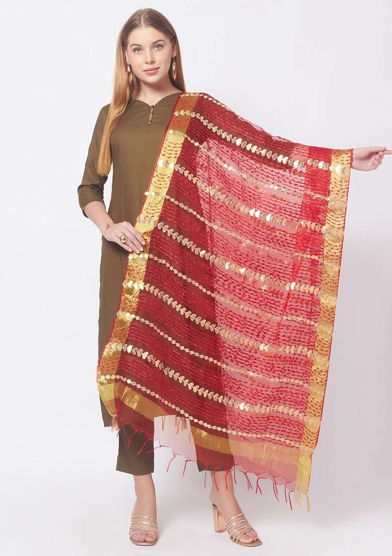 Red And Gold Toned Embroidered Organza Dupatta With Thread Work - Indya