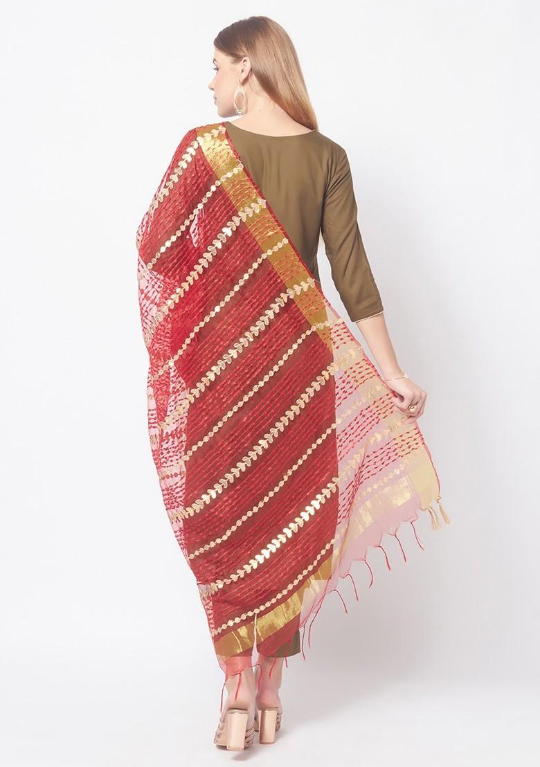 Red And Gold Toned Embroidered Organza Dupatta With Thread Work