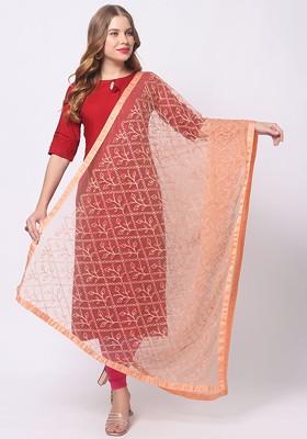 Peach Coloured Embroidered Dupatta With Thread Work