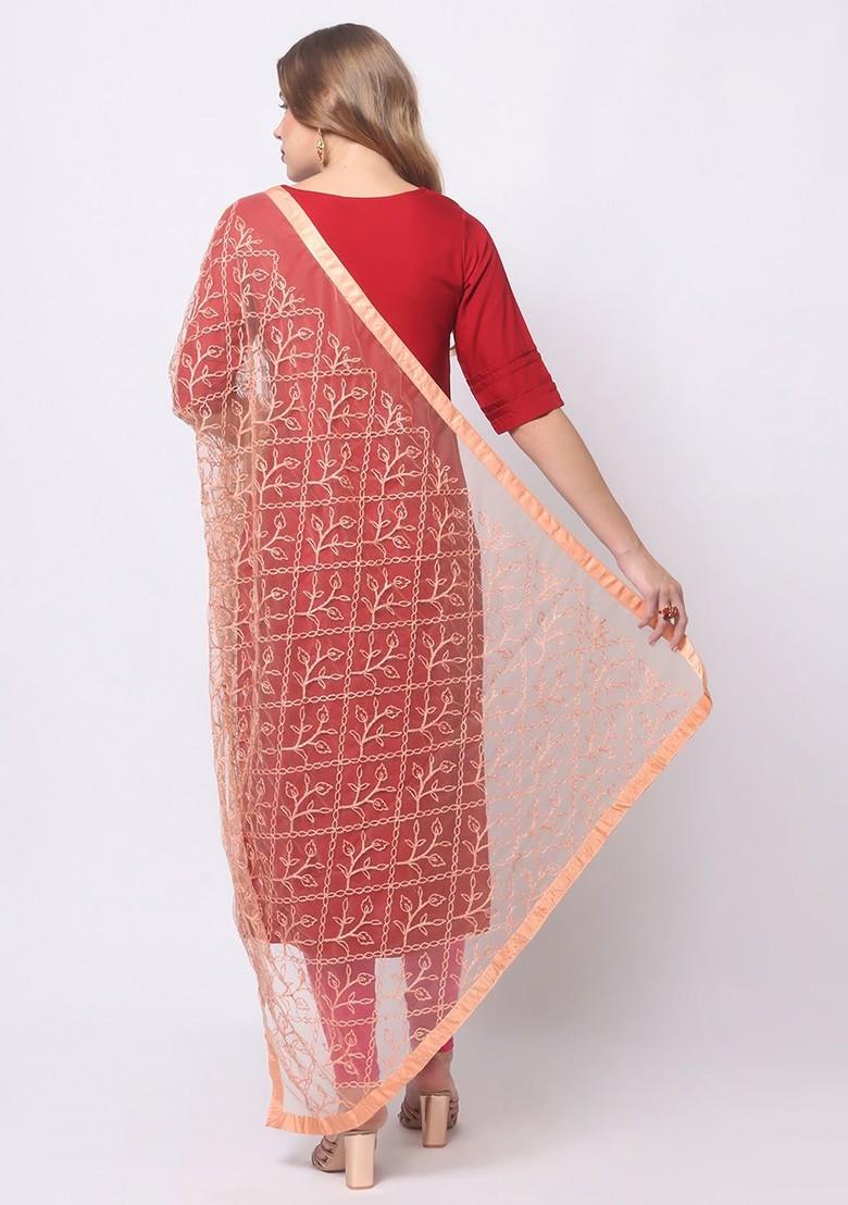 Peach Coloured Embroidered Dupatta With Thread Work