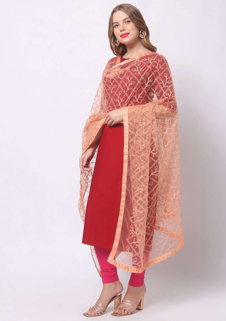 Peach Coloured Embroidered Dupatta With Thread Work - Indya