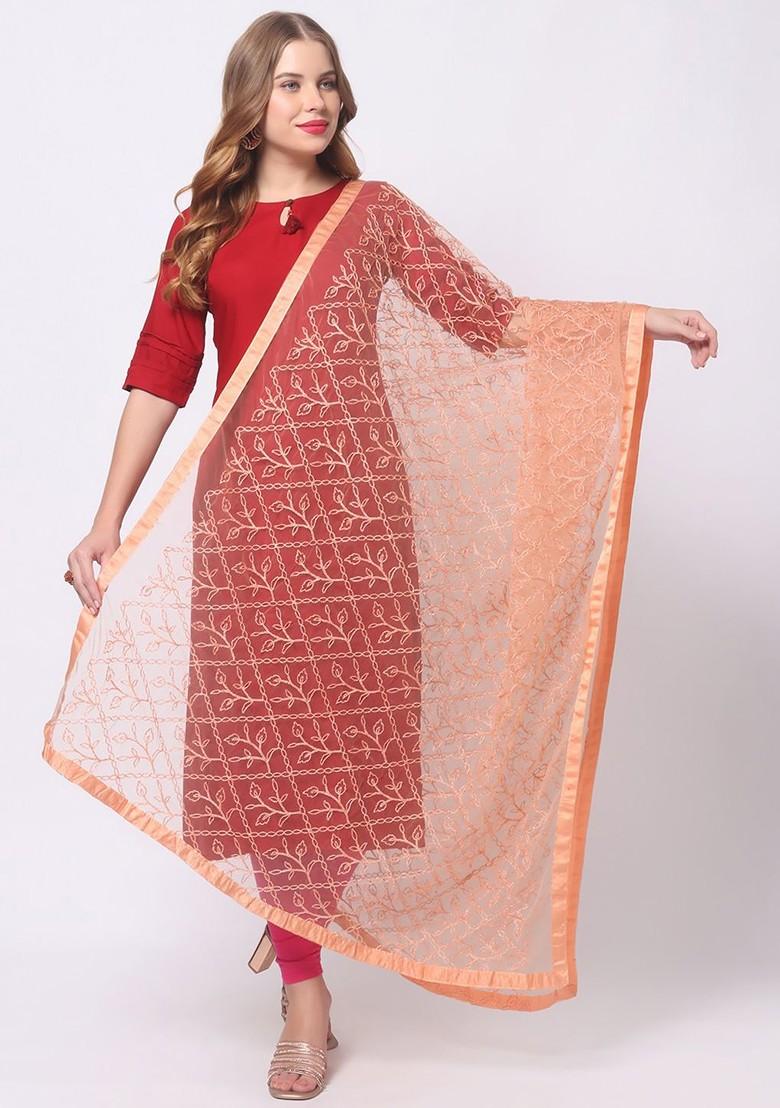 Peach Coloured Embroidered Dupatta With Thread Work