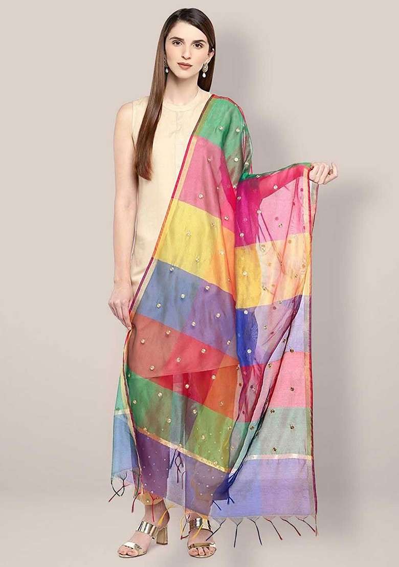 Motifs Embroidered Dupatta With Thread Work - Indya