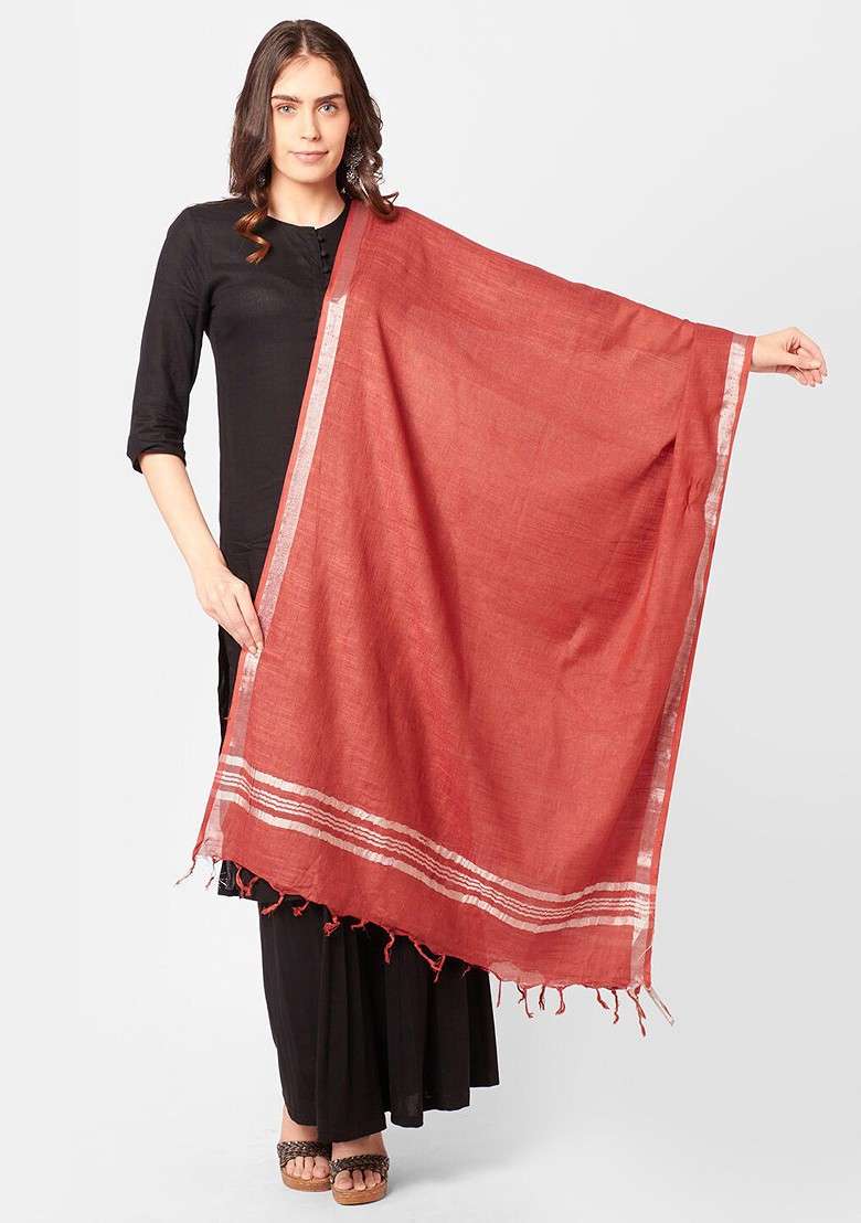 Women Maroon And Gold Toned Linen Dupatta - Indya