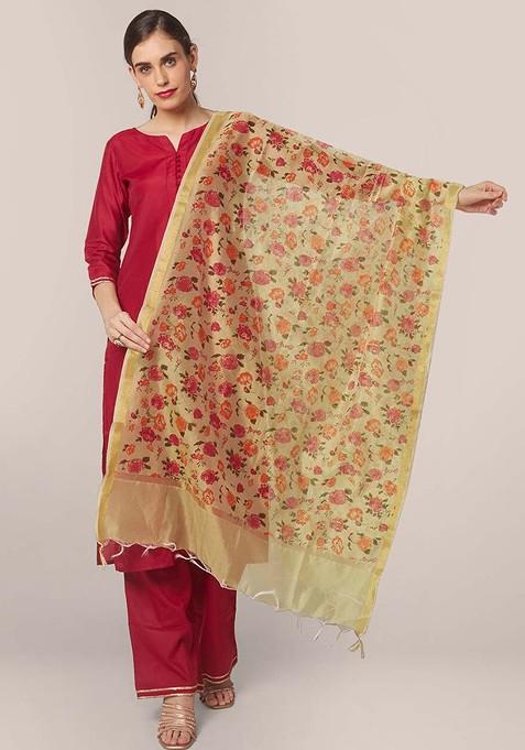 Women Green And Red Printed Dupatta
