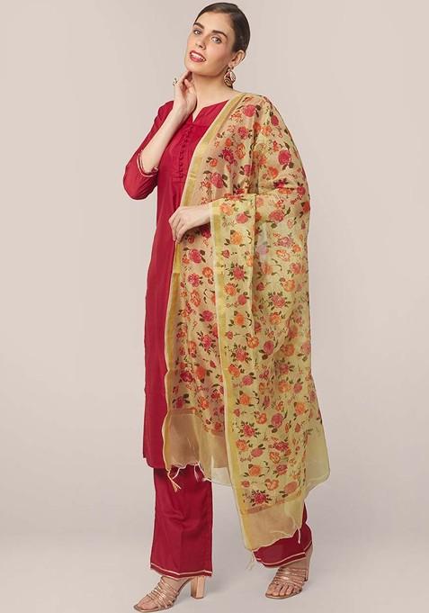 Women Green And Red Printed Dupatta