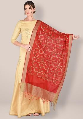 Women Red And Gold Toned Embroidered Dupatta