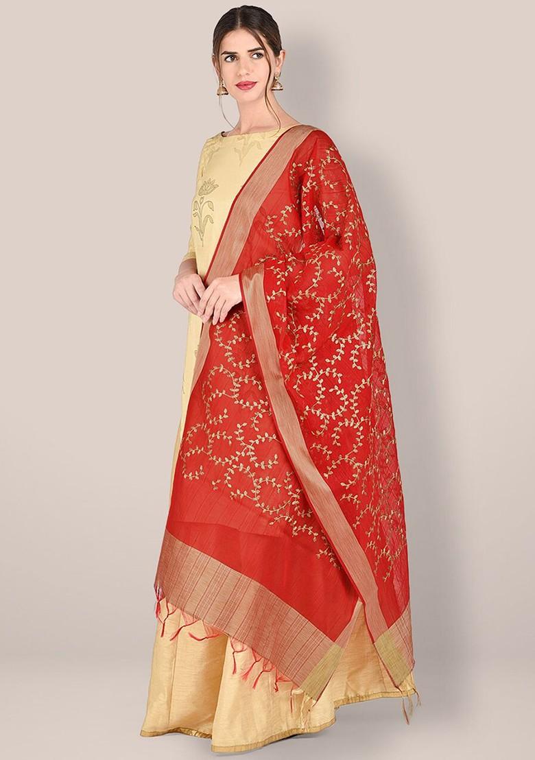 Women Red And Gold Toned Embroidered Dupatta