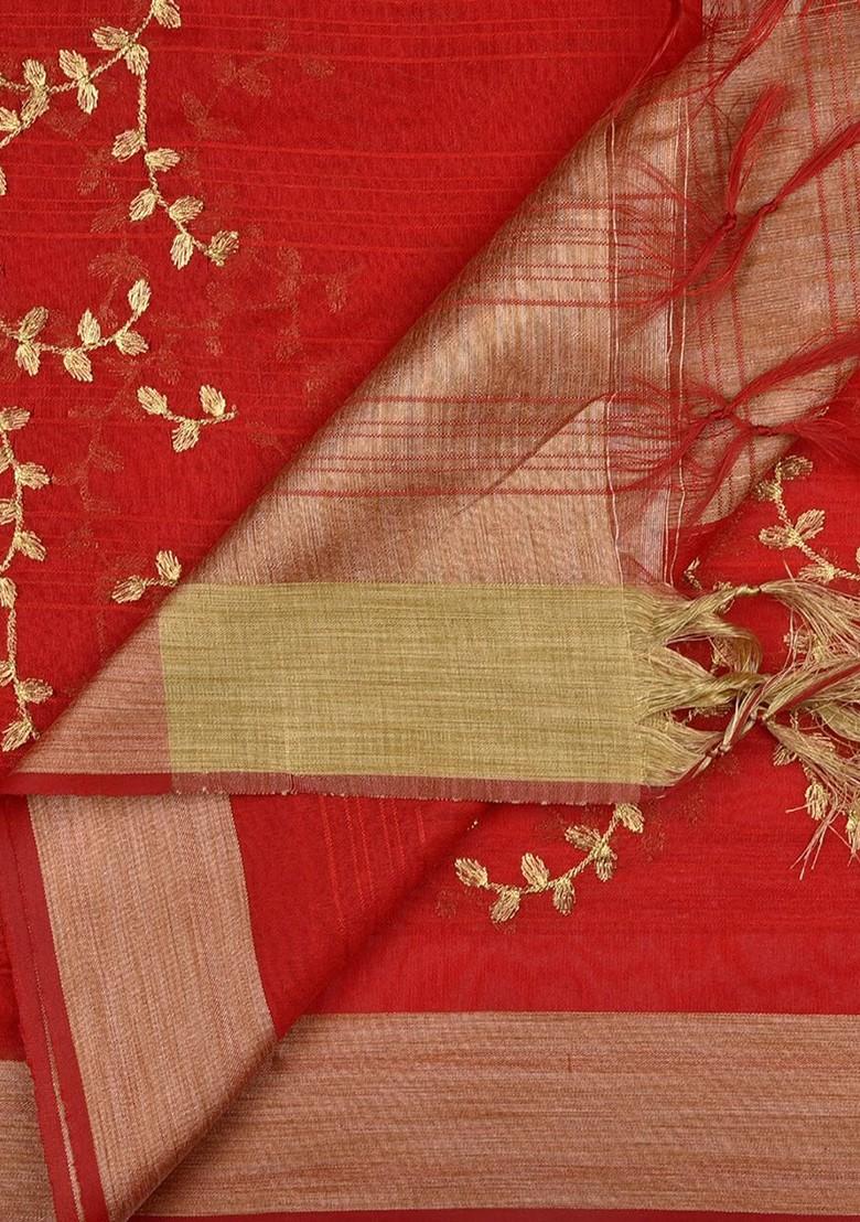 Women Red And Gold Toned Embroidered Dupatta