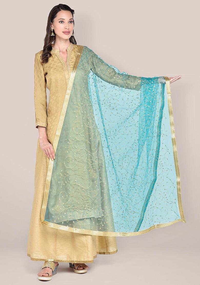 Green And Gold Toned Embroidered Dupatta With Zari