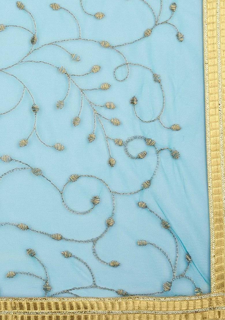 Green And Gold Toned Embroidered Dupatta With Zari