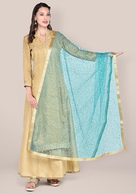 Green And Gold Toned Embroidered Dupatta With Zari