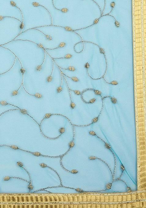 Green And Gold Toned Embroidered Dupatta With Zari