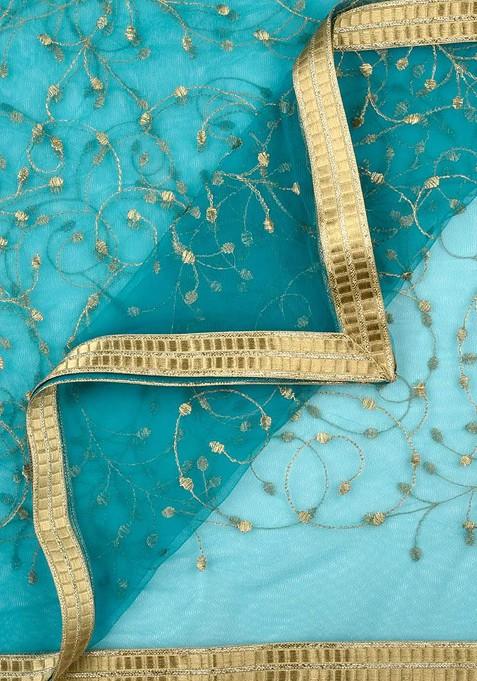 Green And Gold Toned Embroidered Dupatta With Zari