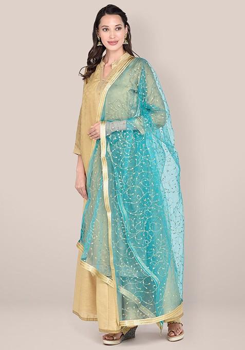 Green And Gold Toned Embroidered Dupatta With Zari