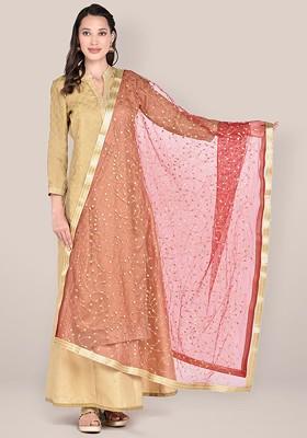 Women Maroon And Gold Toned Embroidered Net Dupatta