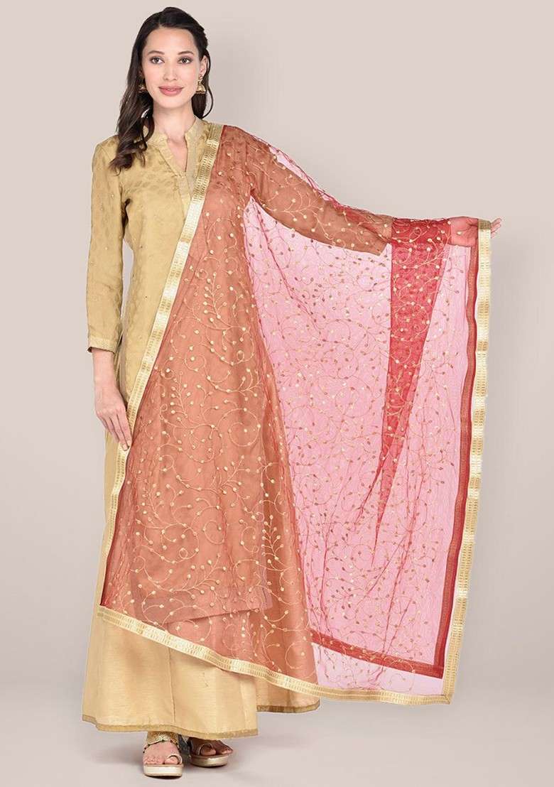 Women Maroon And Gold Toned Embroidered Net Dupatta - Indya