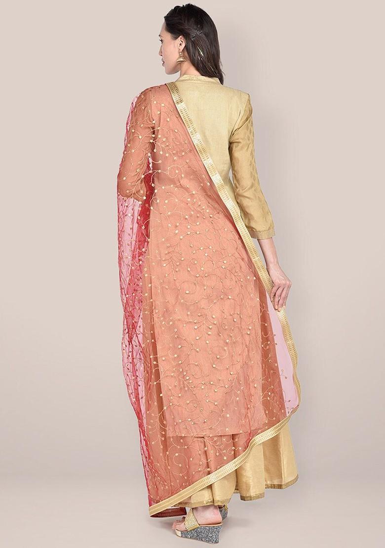 Women Maroon And Gold Toned Embroidered Net Dupatta