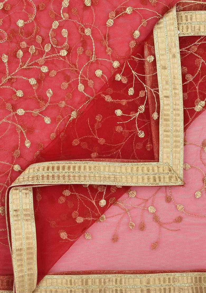 Women Maroon And Gold Toned Embroidered Net Dupatta - Indya