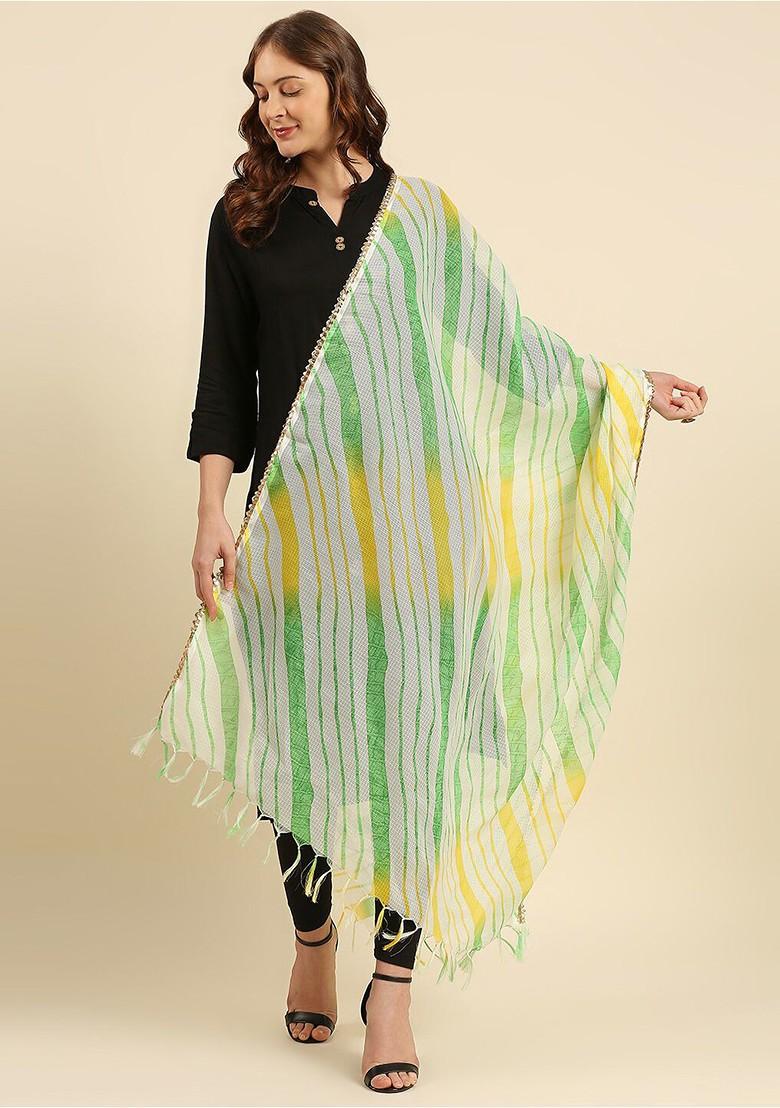 Green And Off White Printed Leheriya Dupatta