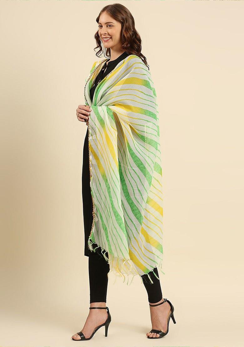 Green And Off White Printed Leheriya Dupatta