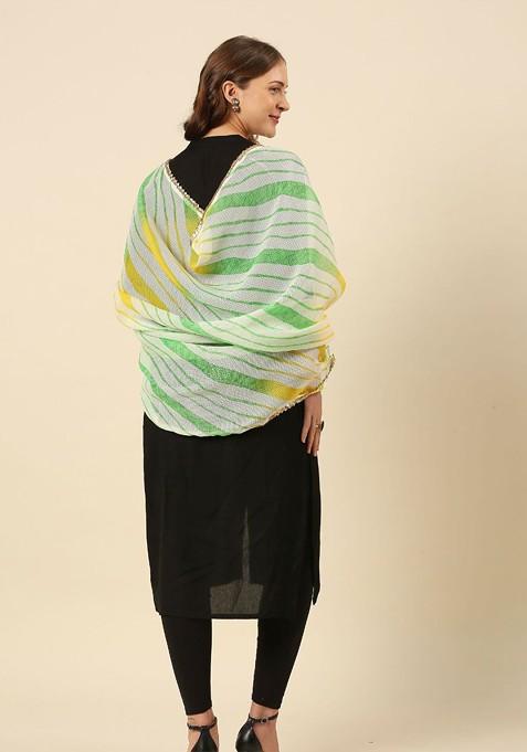 Green And Off White Printed Leheriya Dupatta